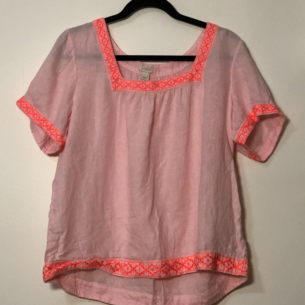 J. Crew Factory Square Neck Linen Embroidered Top